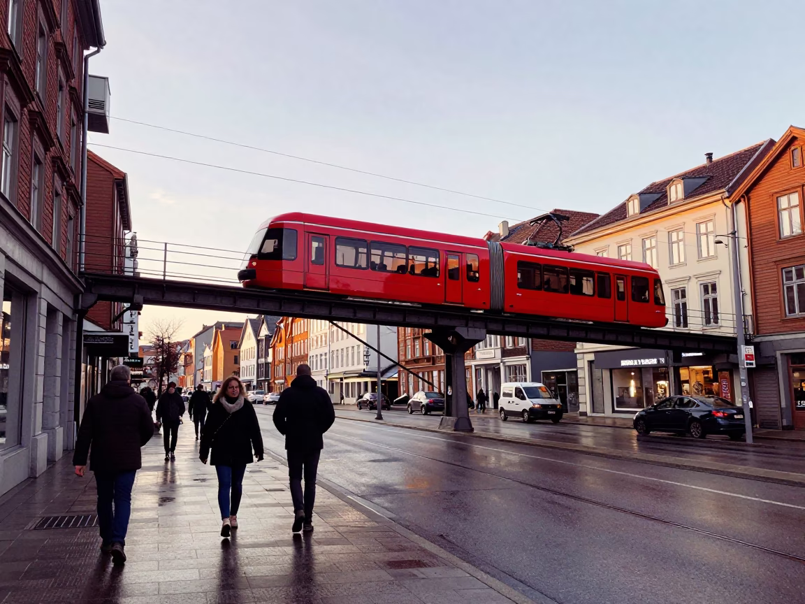 Bergen Norway Early Afternoon Street Scene with Monorail and Suspension Bridge in in Bergen, Norway