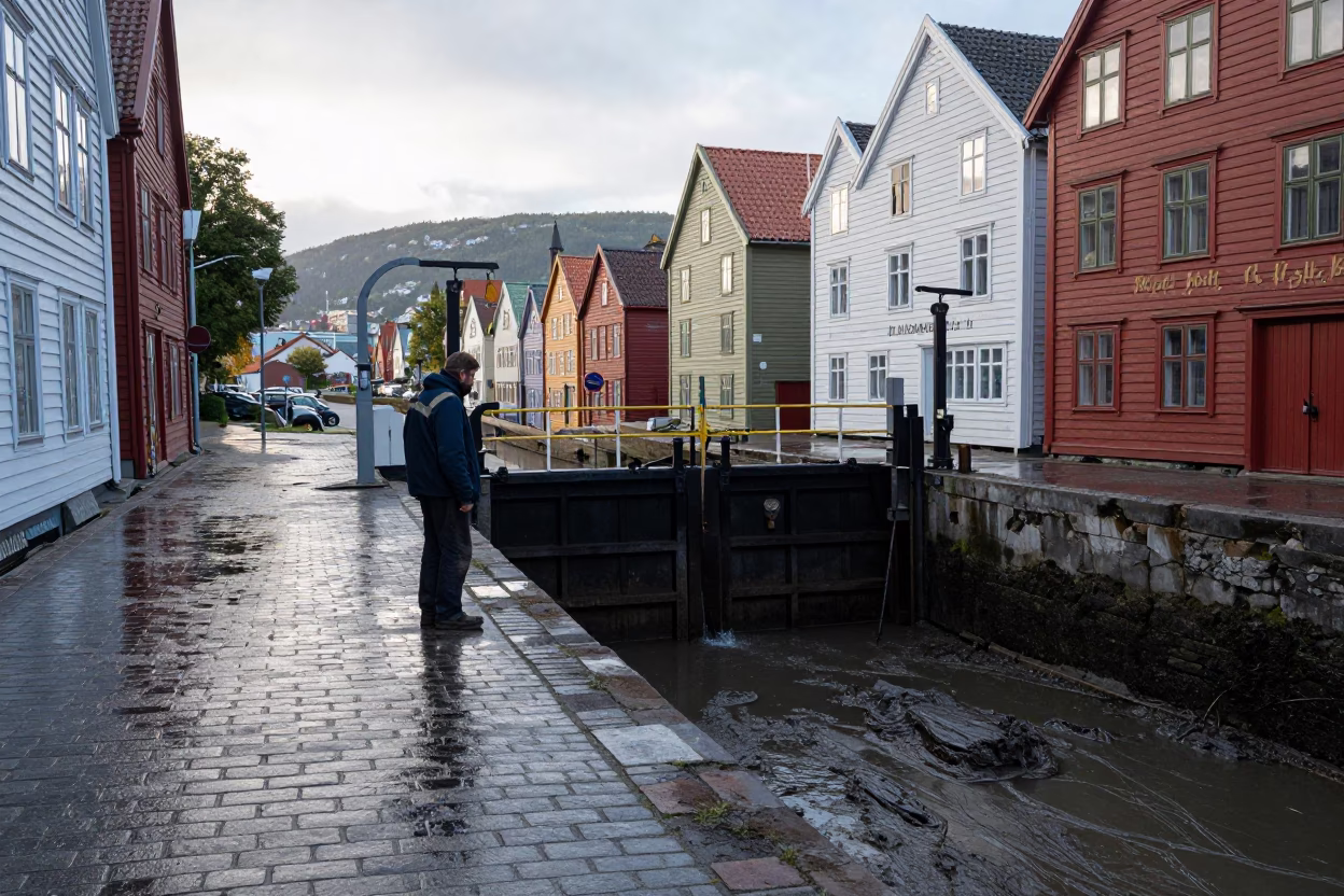 Bergen Norway Early Afternoon Street Scene with Sluice Gate and Clipboard in in Bergen, Norway