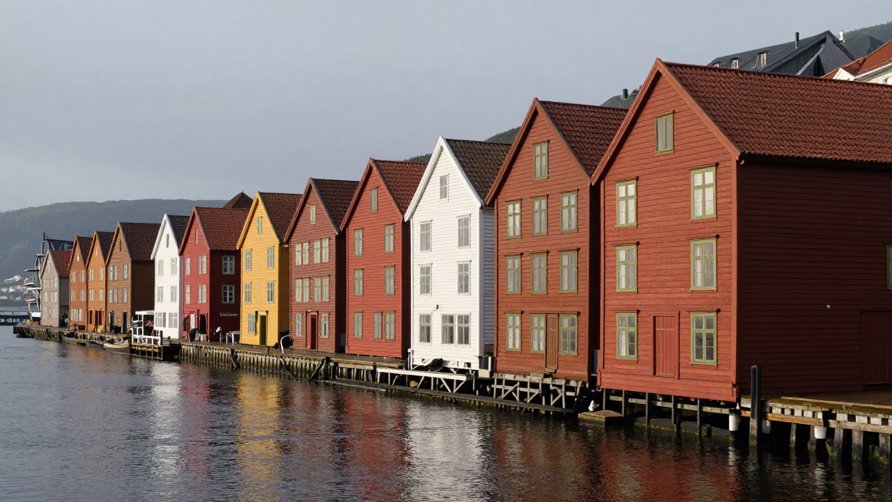 Bergen Norway Early Afternoon Wooden Wharf Houses Along the Bryggen Waterfront in in Bergen, Norway