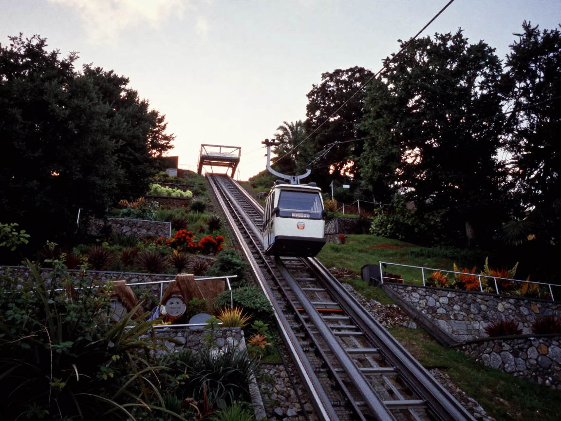 Bergen Norway Early Evening Funicular Rising Through Steep Terraced Gardens with Gondola in in Bergen, Norway