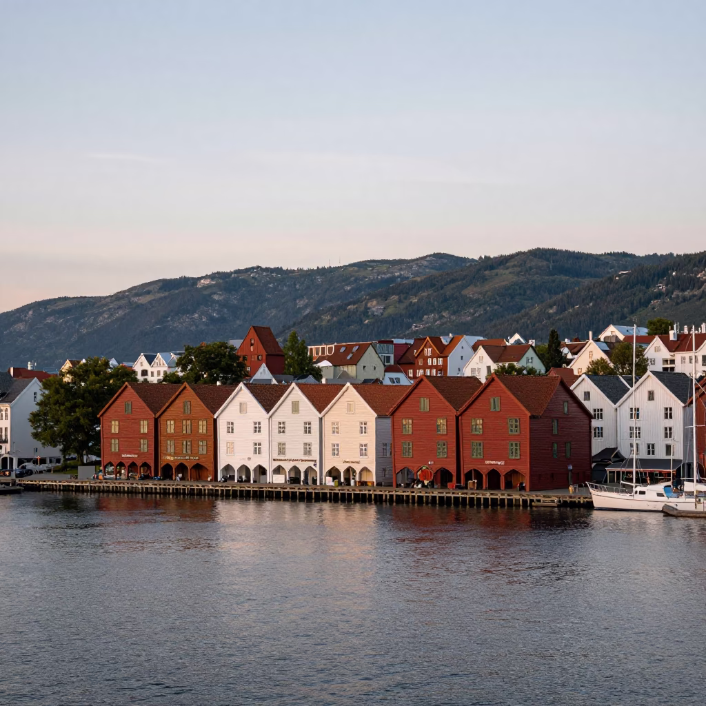 Bergen Norway Early Evening Harbor View Bryggen Wharf and Fjord Landscape in in Bergen, Norway