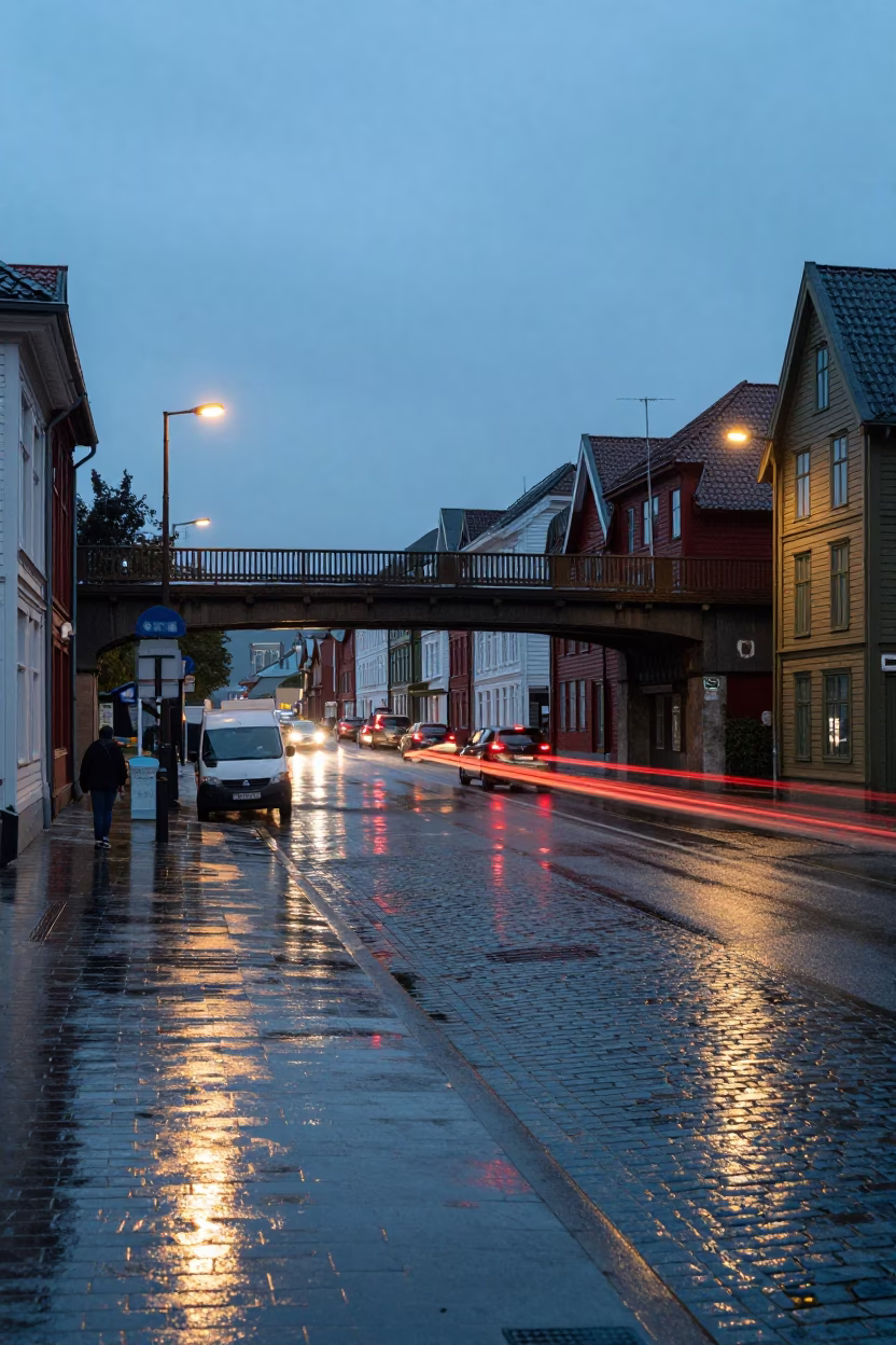 Bergen Norway Early Evening Rainy Street Scene with Overpass and Industrial Catenary Fog in in Bergen, Norway