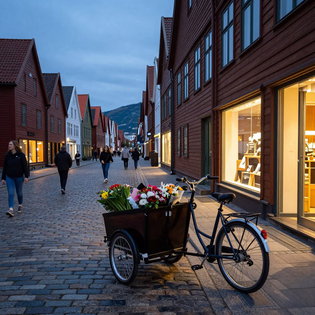 Bergen Norway Early Evening Street Scene with Cargo Bicycle and Local Market Activity in in Bergen, Norway