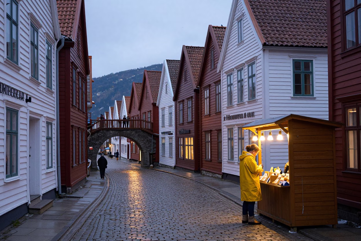 Bergen Norway Early Evening Street Scene with Traditional Brede Gate and Local Pedestrians in in Bergen, Norway