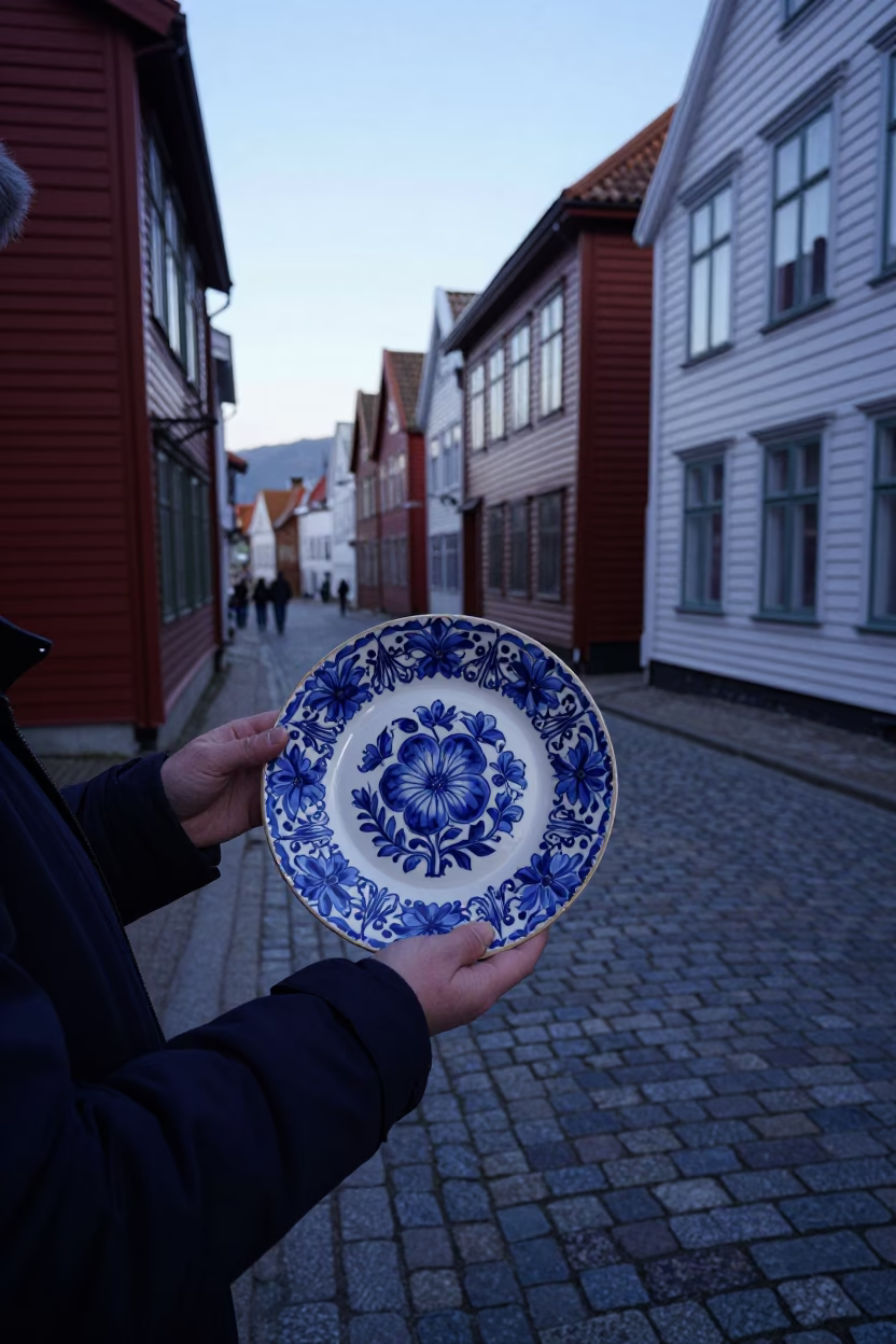 Bergen Norway Early Evening Street Scene with Vintage Majolica Plate and Doorknob in in Bergen, Norway