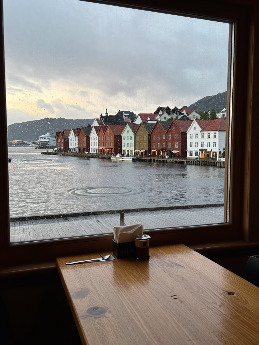 Bergen Norway Early Evening Water Rings on Tabletop in Bryggen Restaurant in in Bergen, Norway