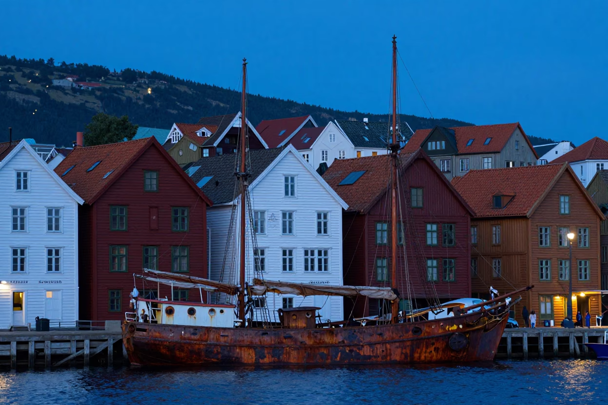 Bergen Norway Evening Blue Hour Junk Boat Rust Sails Harbor View in in Bergen, Norway