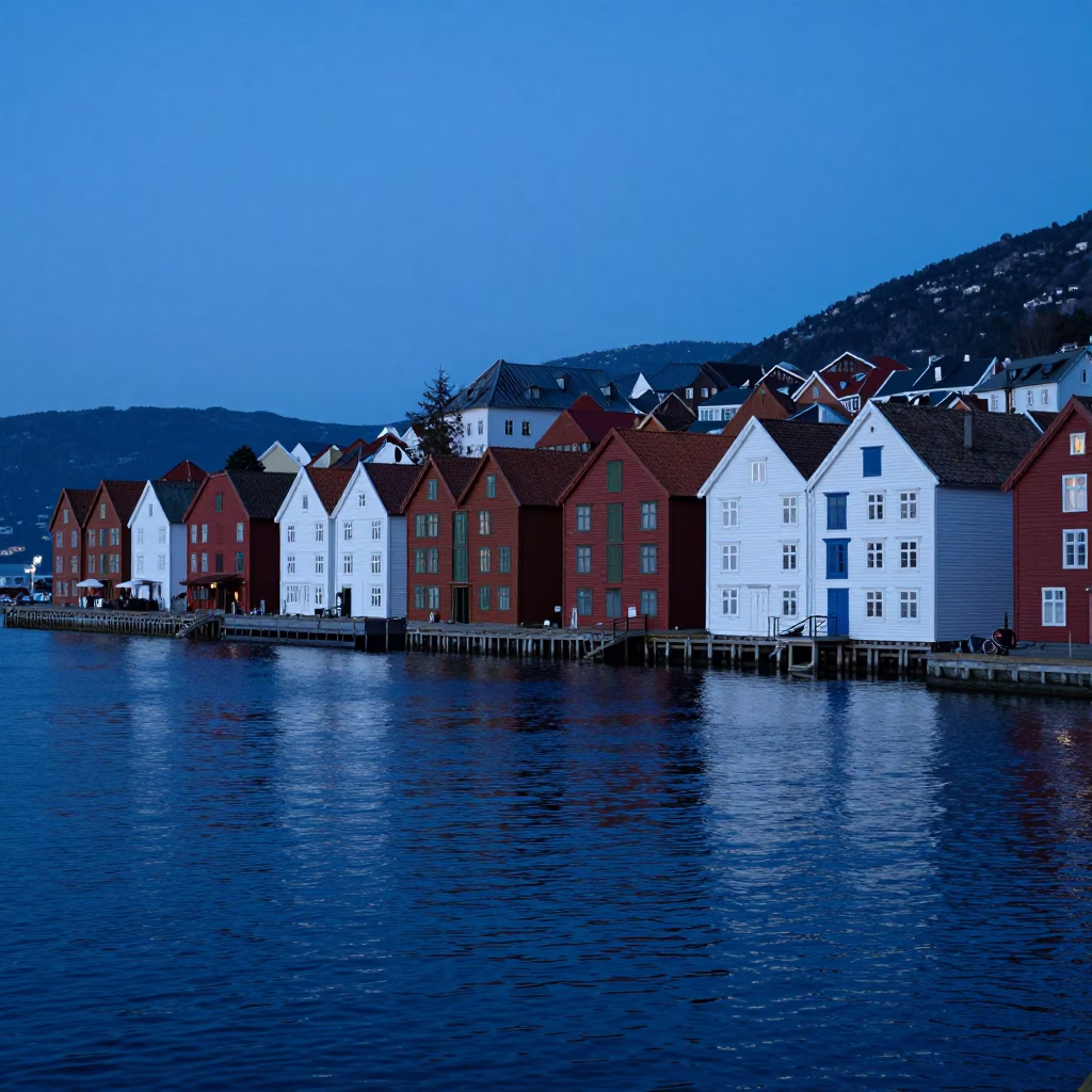 Bergen Norway Evening Blue Hour Wooden Wharf and Harbor Scene in in Bergen, Norway