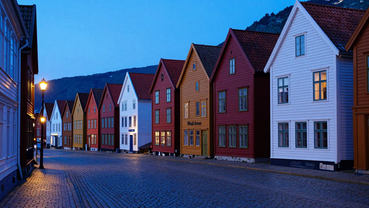 Bergen Norway Evening Blue Light Cobblestone Street Scene with Colorful Houses and Local Pedestrians in in Bergen, Norway
