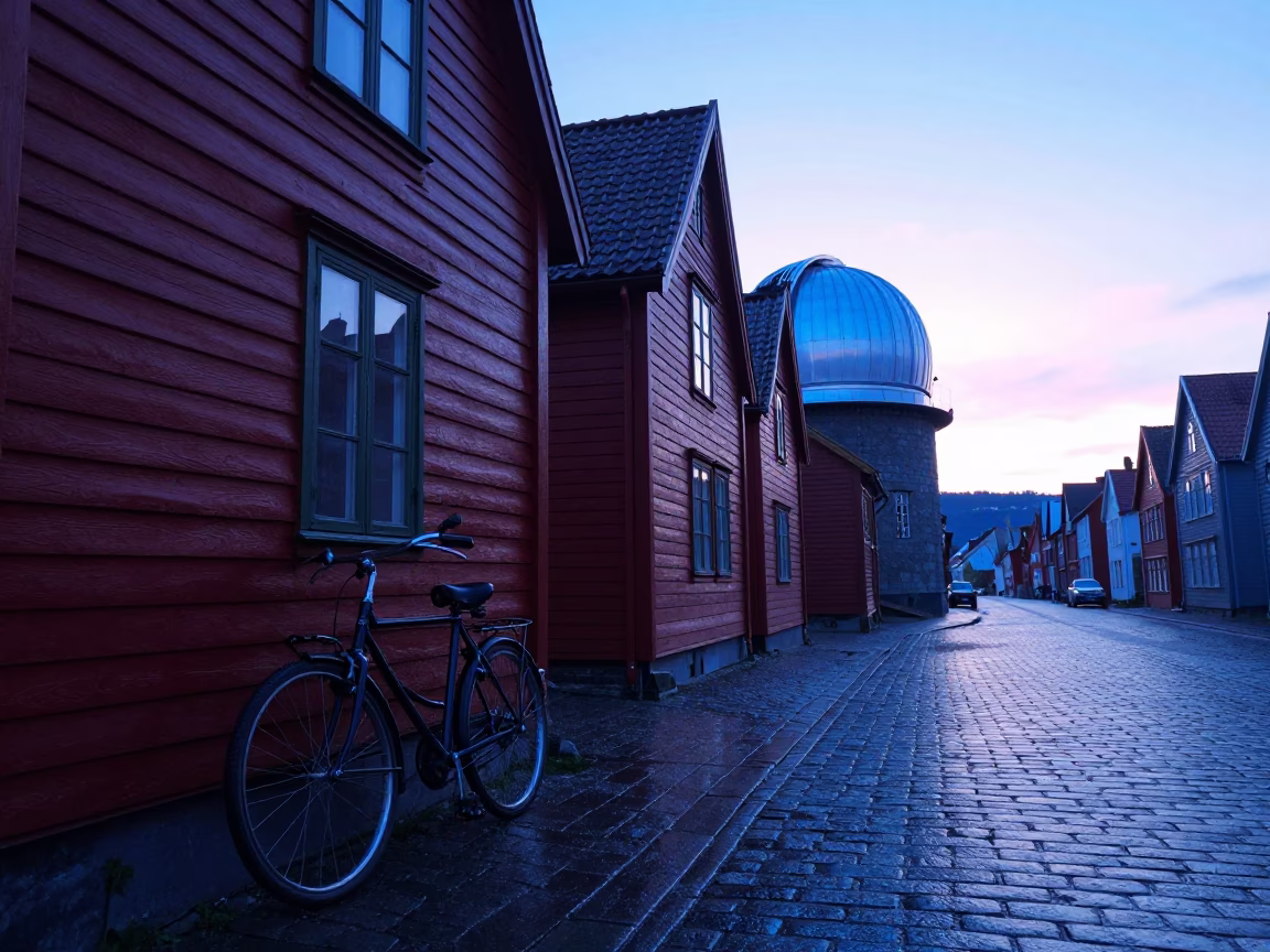 Bergen Norway Evening Blue Light Vintage Bicycle and Observatory Dome Silhouette in in Bergen, Norway