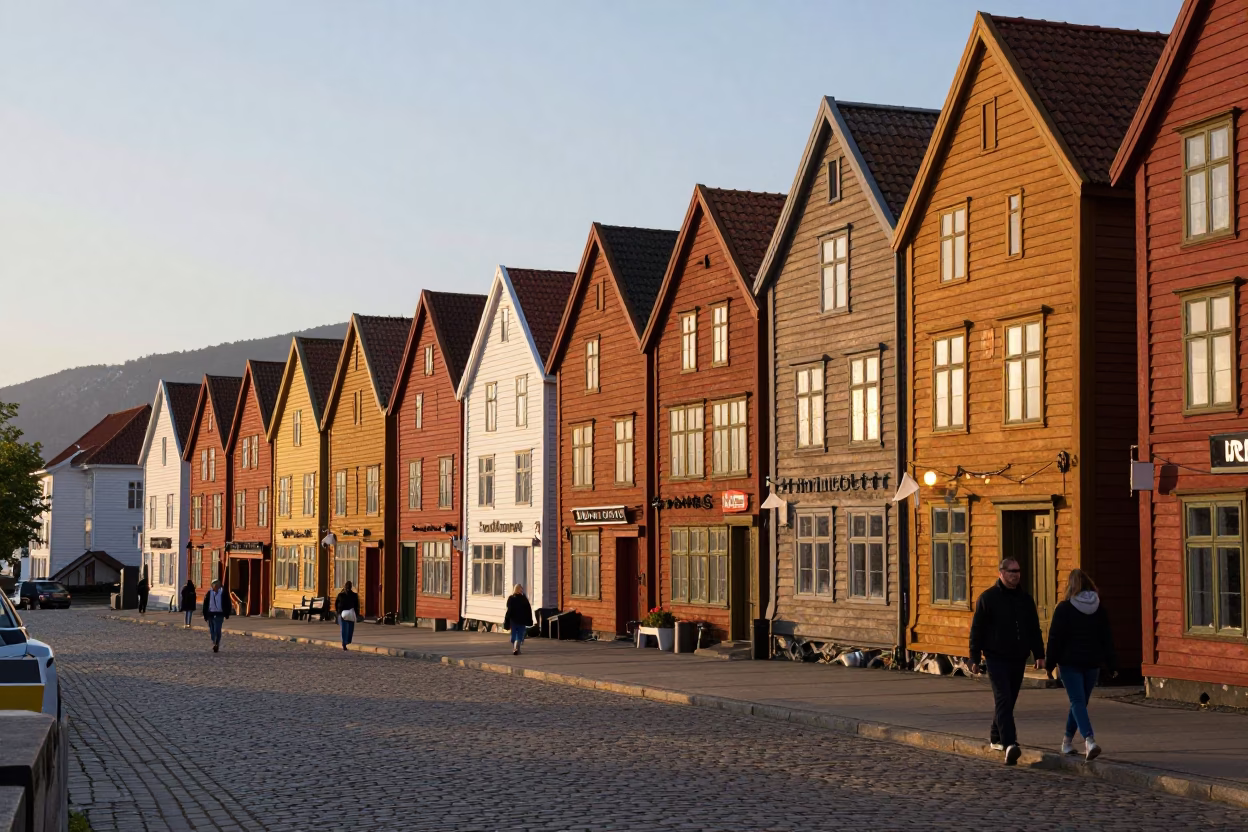 Bergen Norway Evening Light at Bryggen Wharf with Traditional Colorful Wooden Houses in in Bergen, Norway