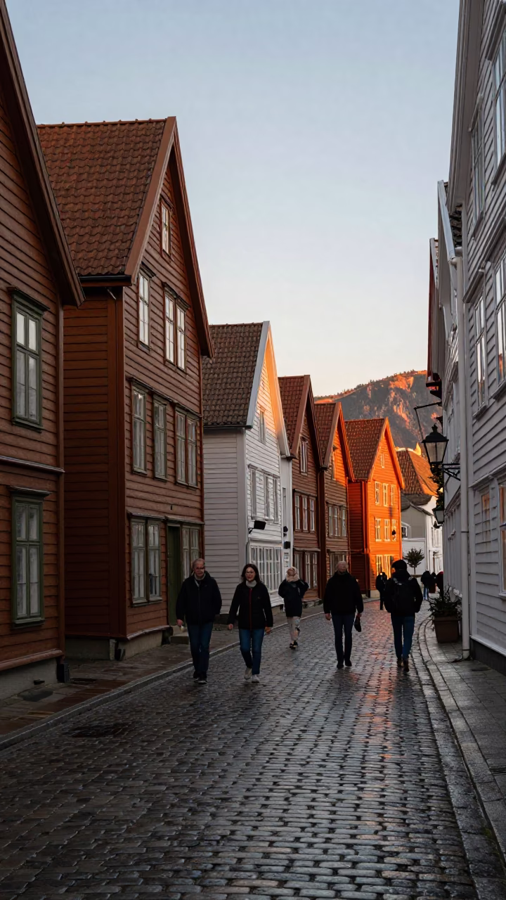 Bergen Norway Evening Light Cobblestone Street Scene with Wooden Buildings and Pedestrians in in Bergen, Norway