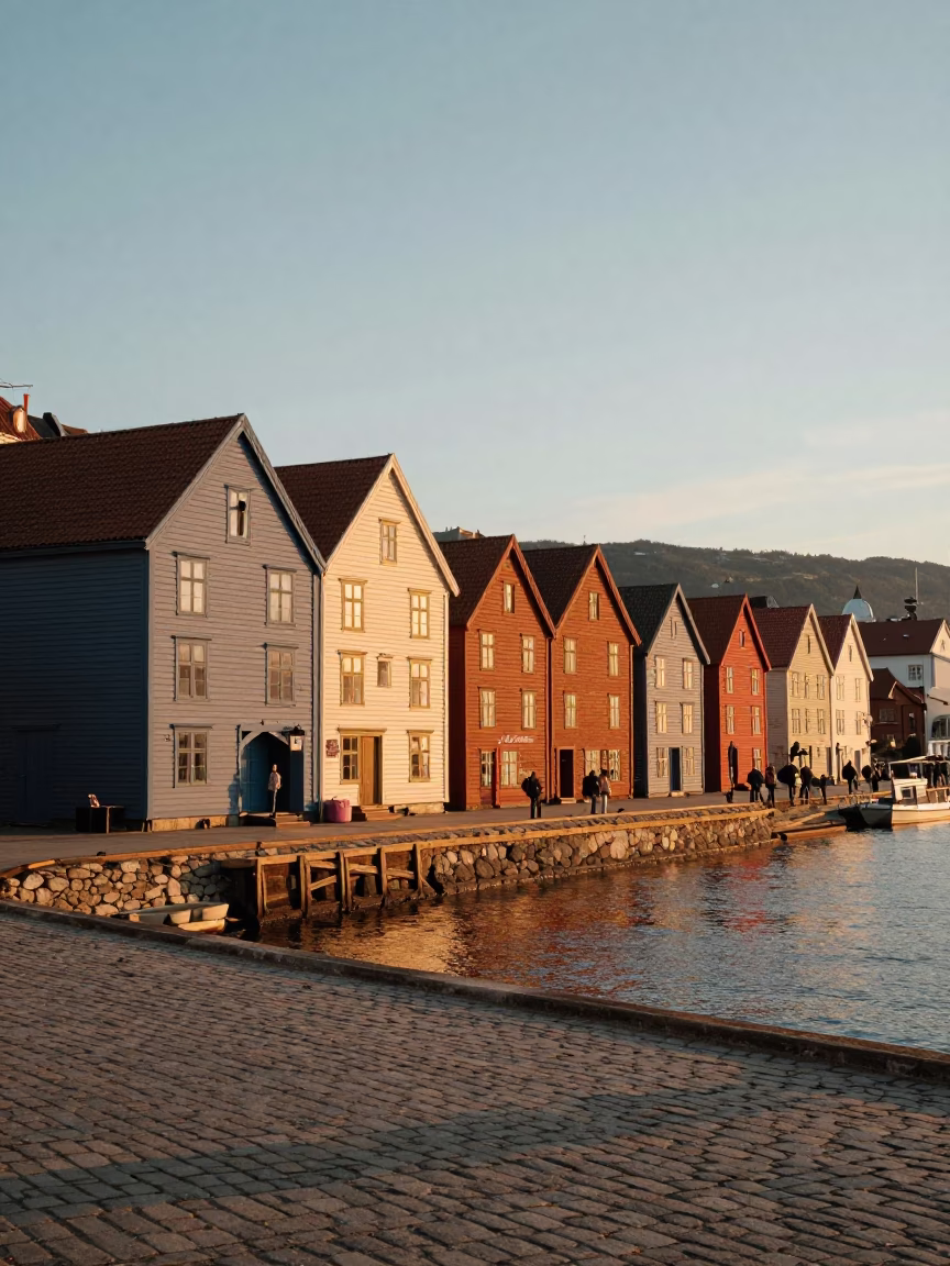 Bergen Norway Evening Light Over Colorful Bryggen Wharf and Harbor Water in in Bergen, Norway