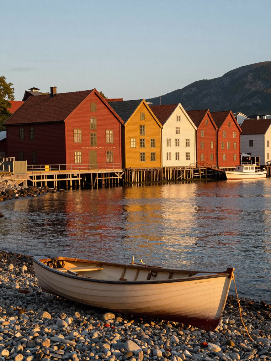 Bergen Norway Evening Light Rowboat on Pebble Beach in in Bergen, Norway