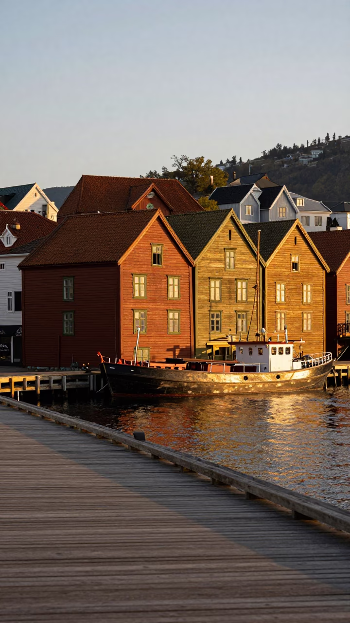 Bergen Norway Evening Light Wooden Wharf Scene with Boot Scraper and Cargo Barge in in Bergen, Norway