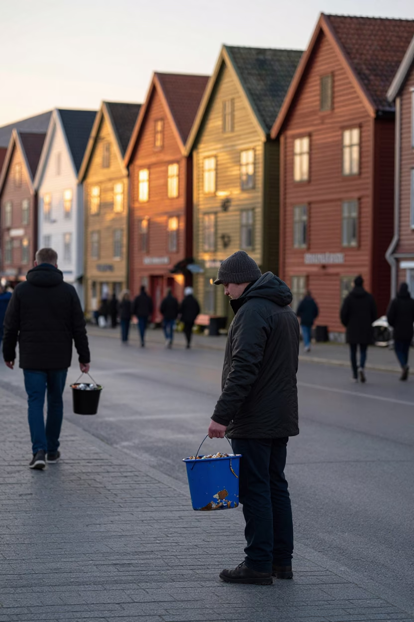 Bergen Norway Evening Street Scene with Chipped Blue Enamel Bucket and Cobblestone Alleyway in in Bergen, Norway