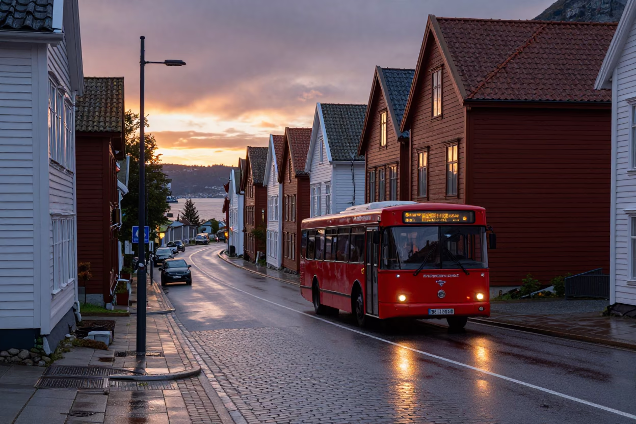 Bergen Norway Evening Street Scene with Classic Red Bus and Cobblestone Buildings in in Bergen, Norway