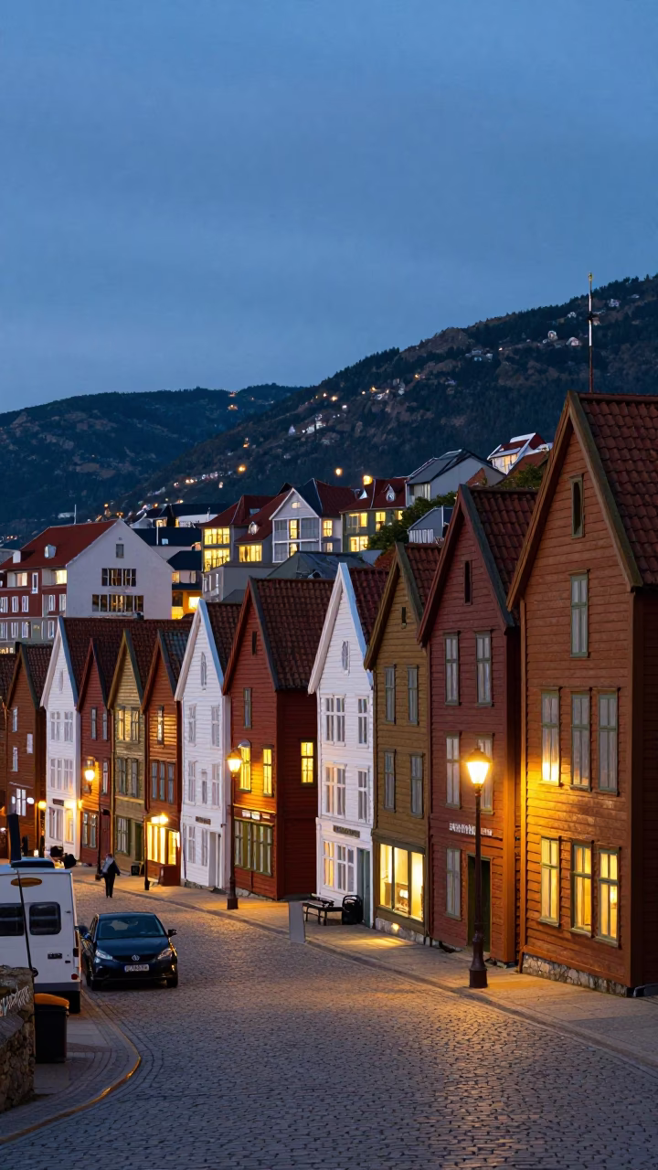 Bergen Norway Evening Street Scene with Colorful Bryggen Wharf Houses and City Lights in in Bergen, Norway