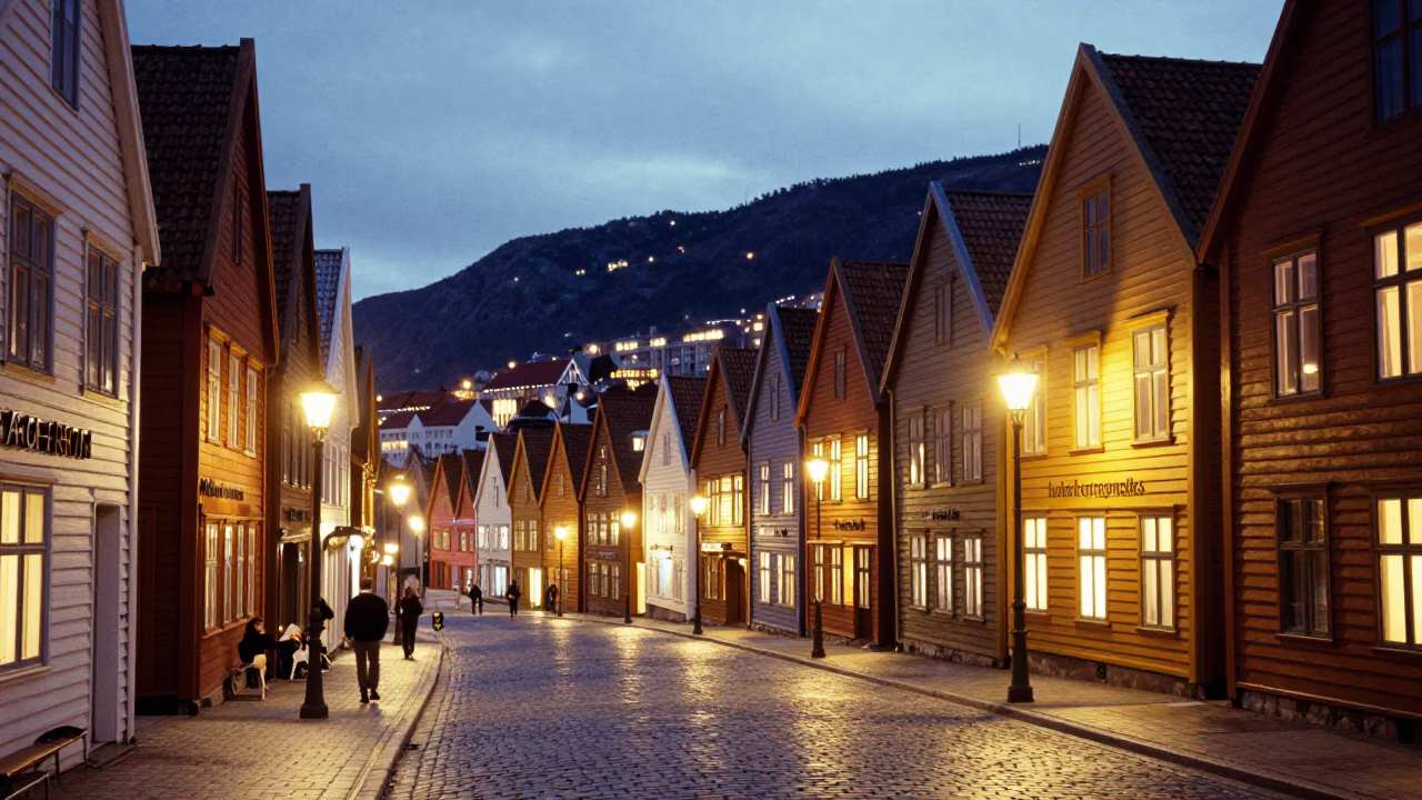 Bergen Norway Evening Street Scene with Colorful Bryggen Wharf Lights and Wet Cobblestones in in Bergen, Norway