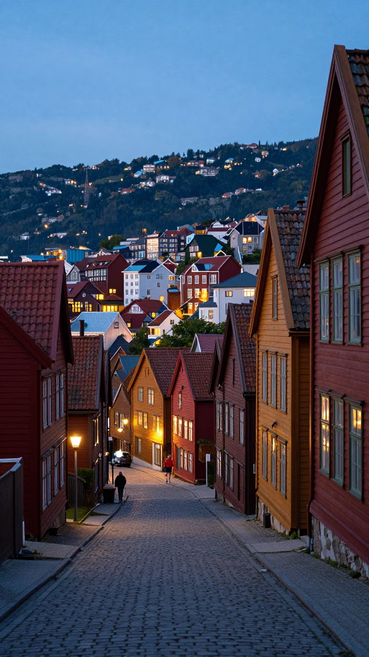 Bergen Norway Evening Street Scene with Colorful Houses and City Lights Glowing in in Bergen, Norway