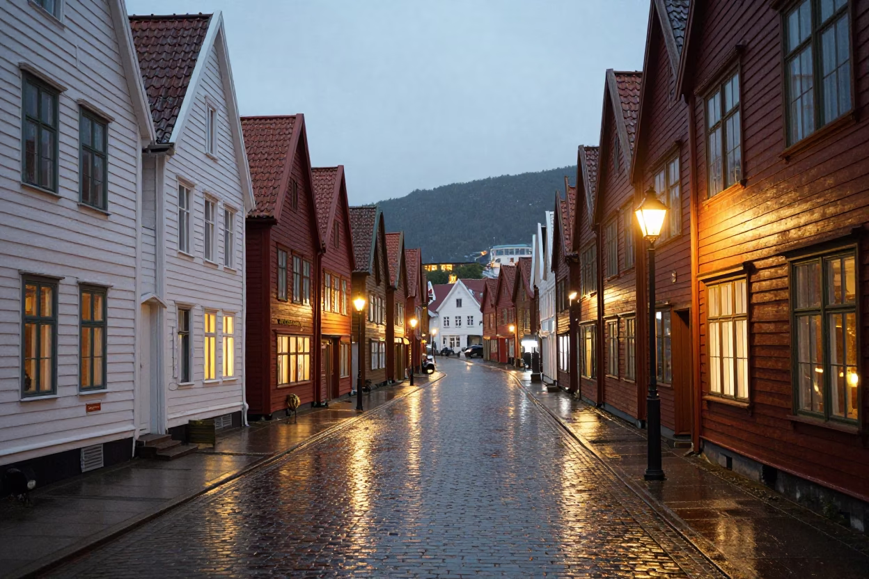 Bergen Norway Evening Street Scene with Colorful Houses and Wet Cobblestones in in Bergen, Norway