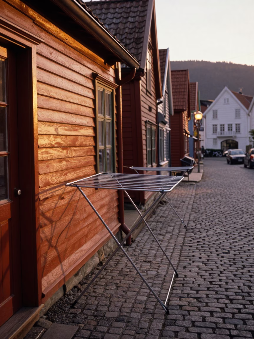 Bergen Norway Evening Street Scene with Drying Rack and Local Life in in Bergen, Norway