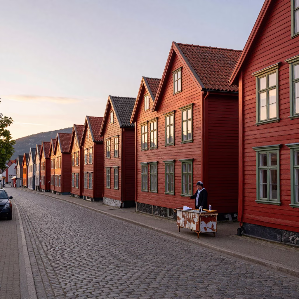 Bergen Norway Evening Street Scene with Red Wooden Houses and Fresh Berries in in Bergen, Norway