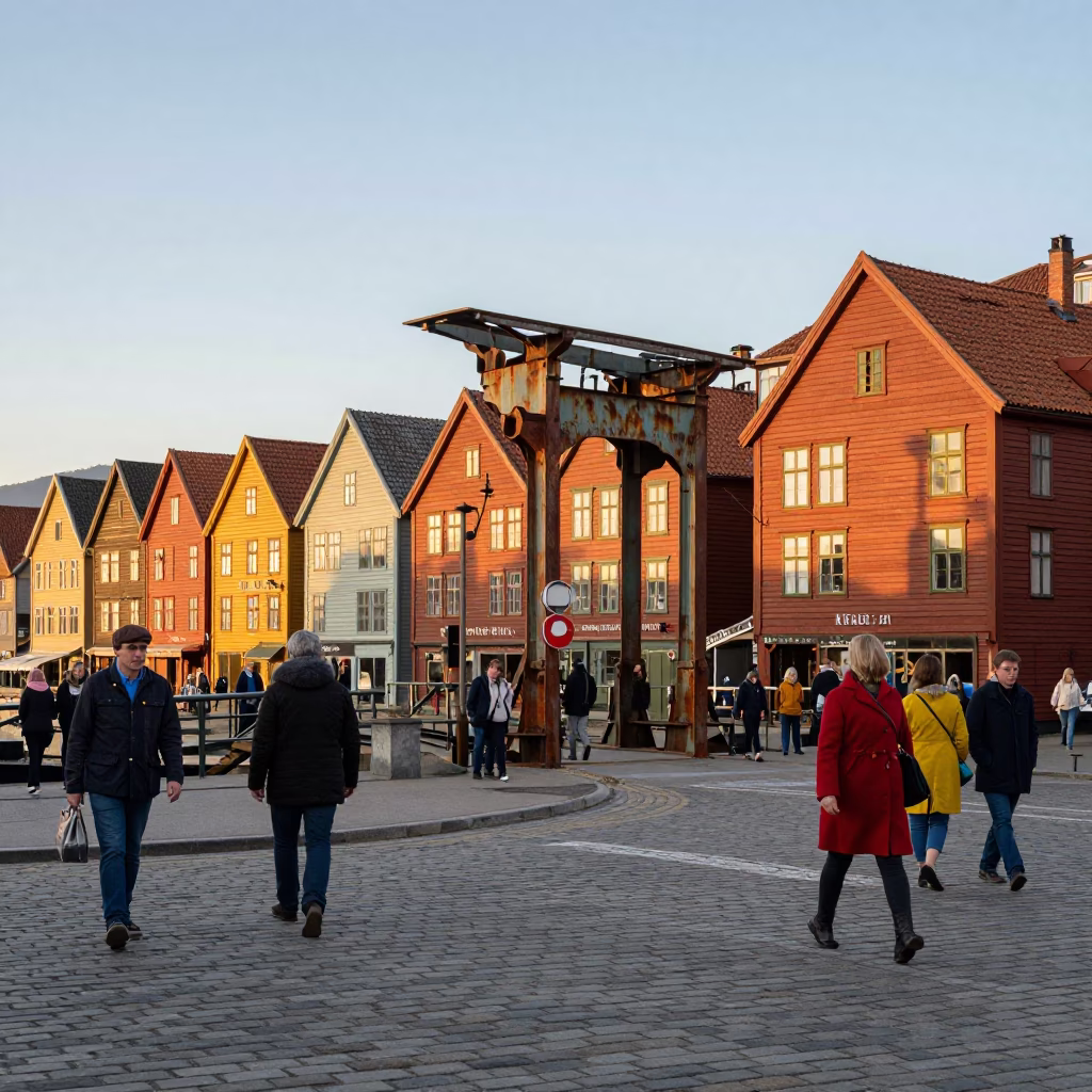 Bergen Norway Evening Street Scene with Rusted Drawbridge and Local Activity in in Bergen, Norway
