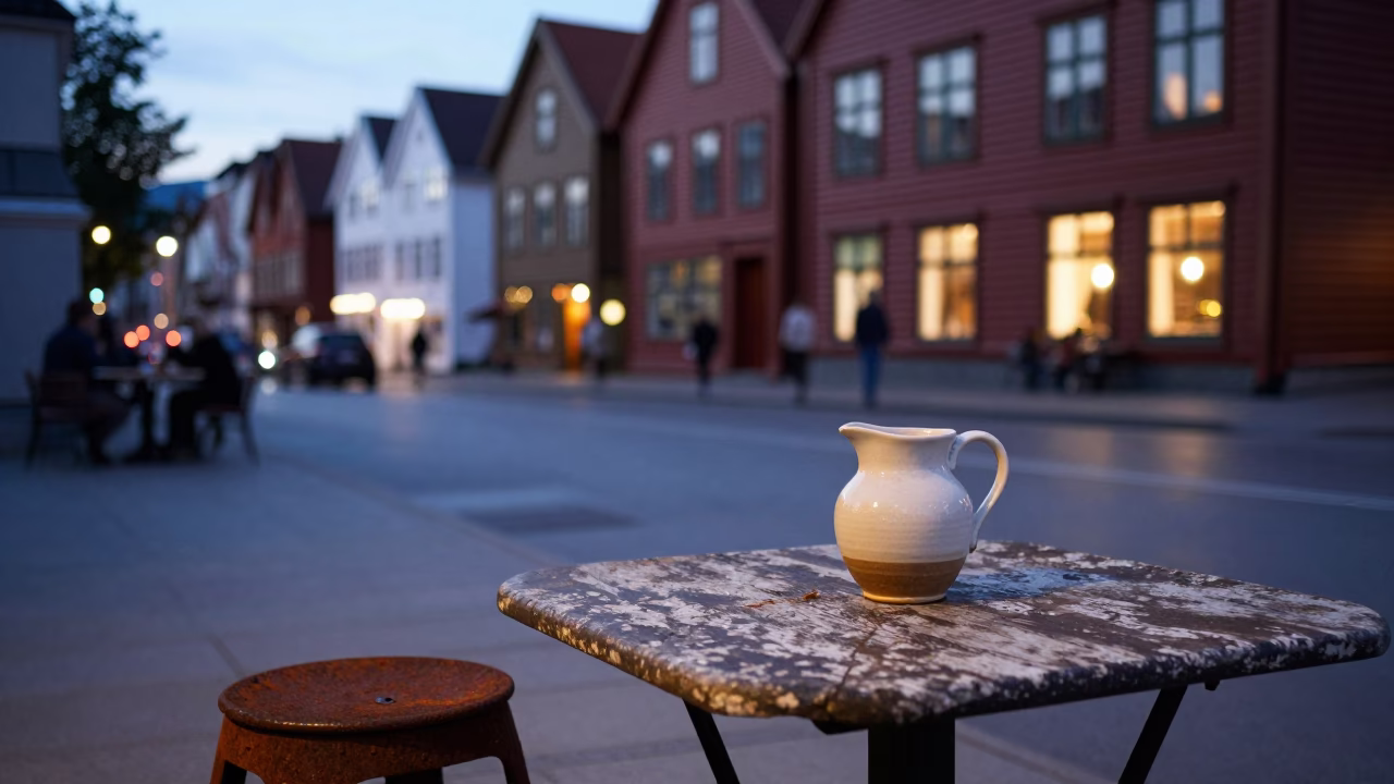 Bergen Norway Evening Street Scene with Rusty Stool and Ceramic Pitcher in in Bergen, Norway