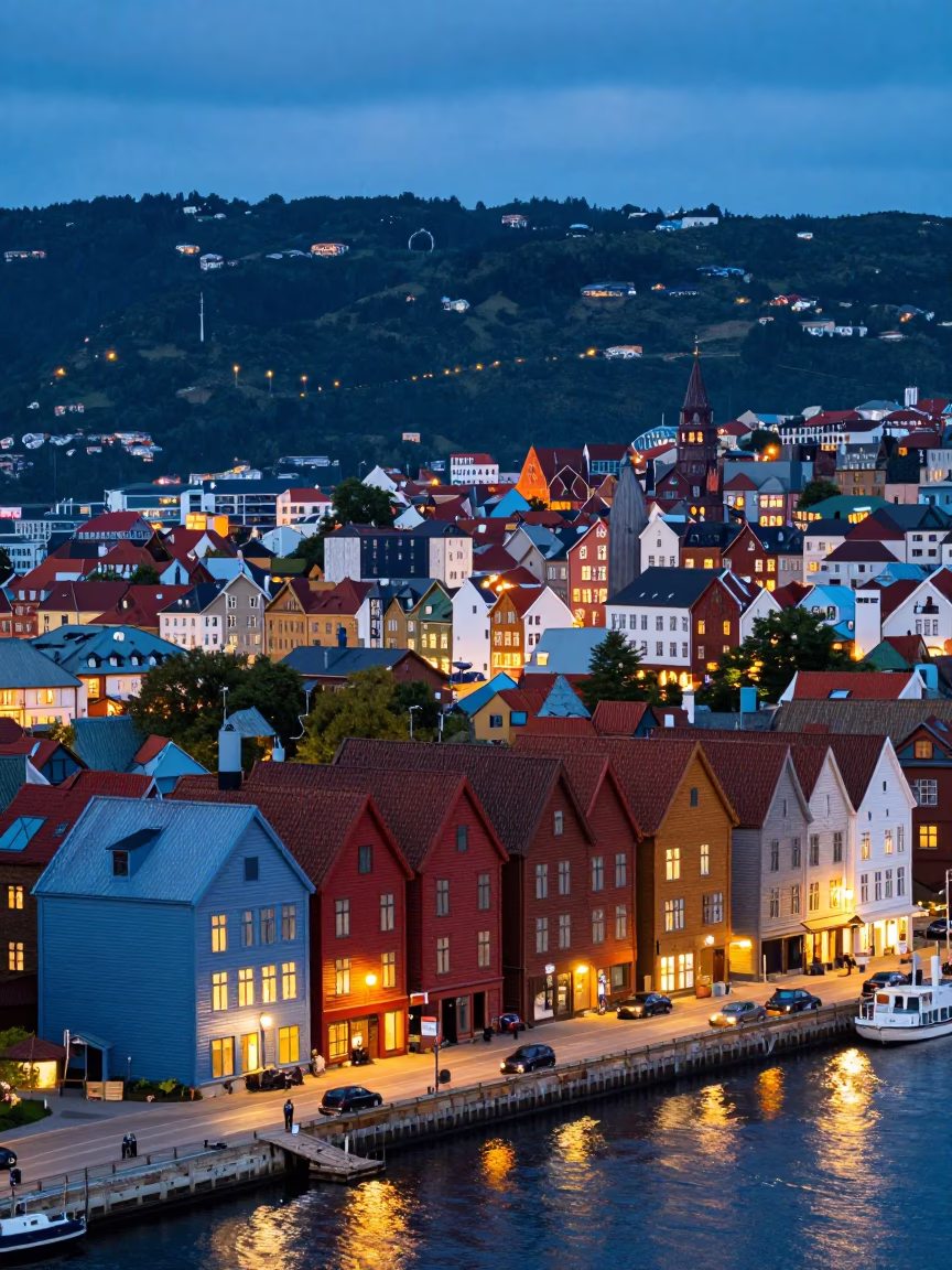 Bergen Norway Evening Street Scene with Traditional Colorful Wharf Houses and Dusk Lighting in in Bergen, Norway