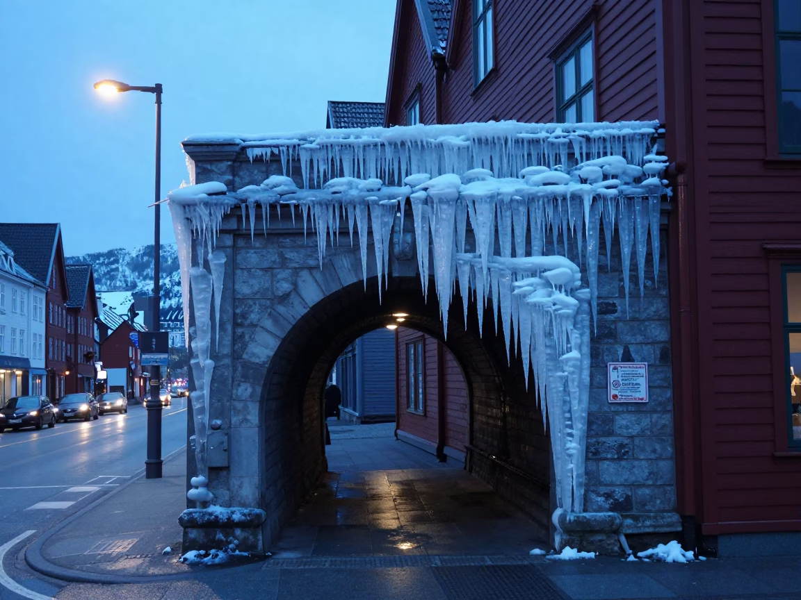 Bergen Norway Evening Street Scene with Tunnel Portal Icicles Sodium Lights and Rainy Atmosphere in in Bergen, Norway
