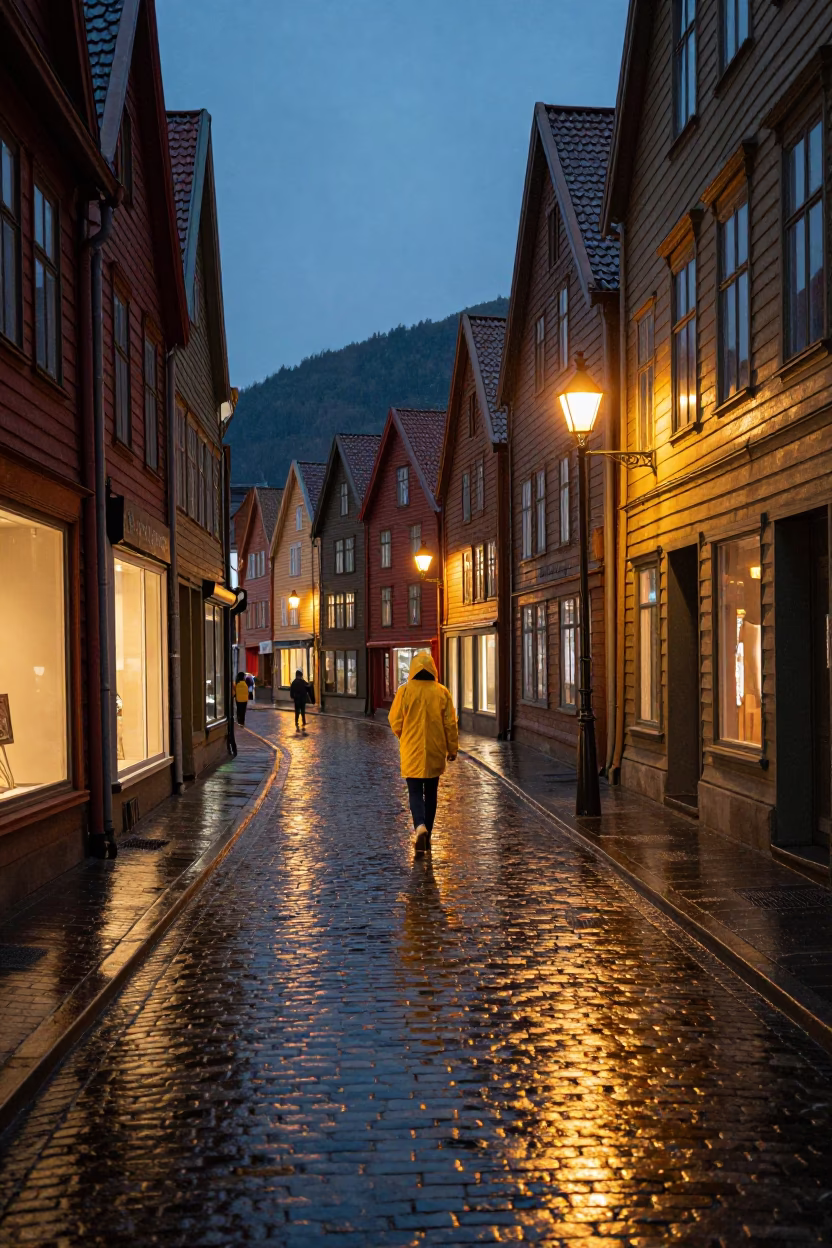 Bergen Norway evening street scene with wet cobblestones and glowing windows in in Bergen, Norway
