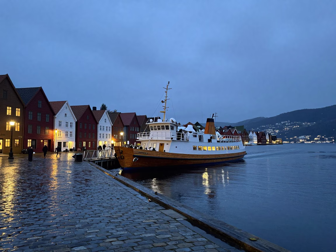 Bergen Norway Ferry Docking at Dusk with Rain-Slicked Cobblestones and City Lights in in Bergen, Norway