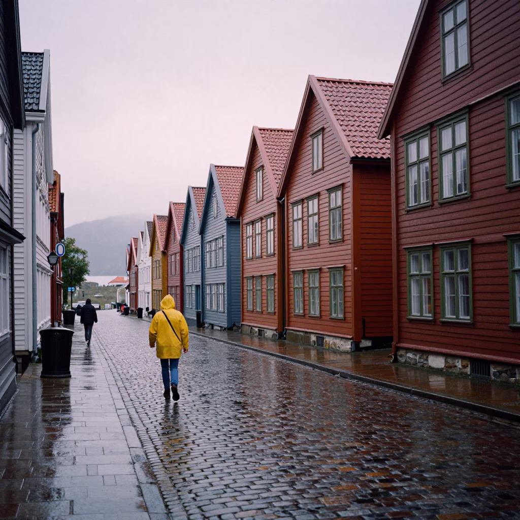 Bergen Norway First Light After Rain Cobblestone Street Scene in in Bergen, Norway