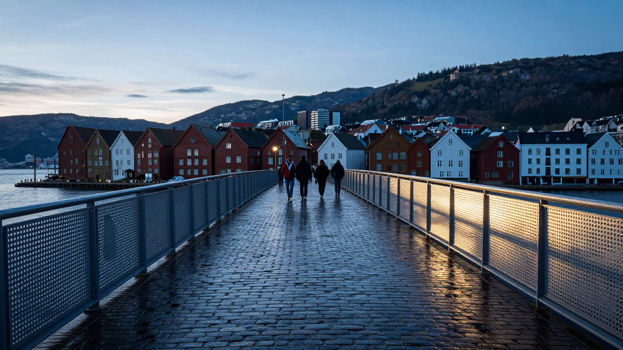 Bergen Norway First Light Pedestrian Overpass Wet Footsteps Perforated Metal Local Commute in in Bergen, Norway