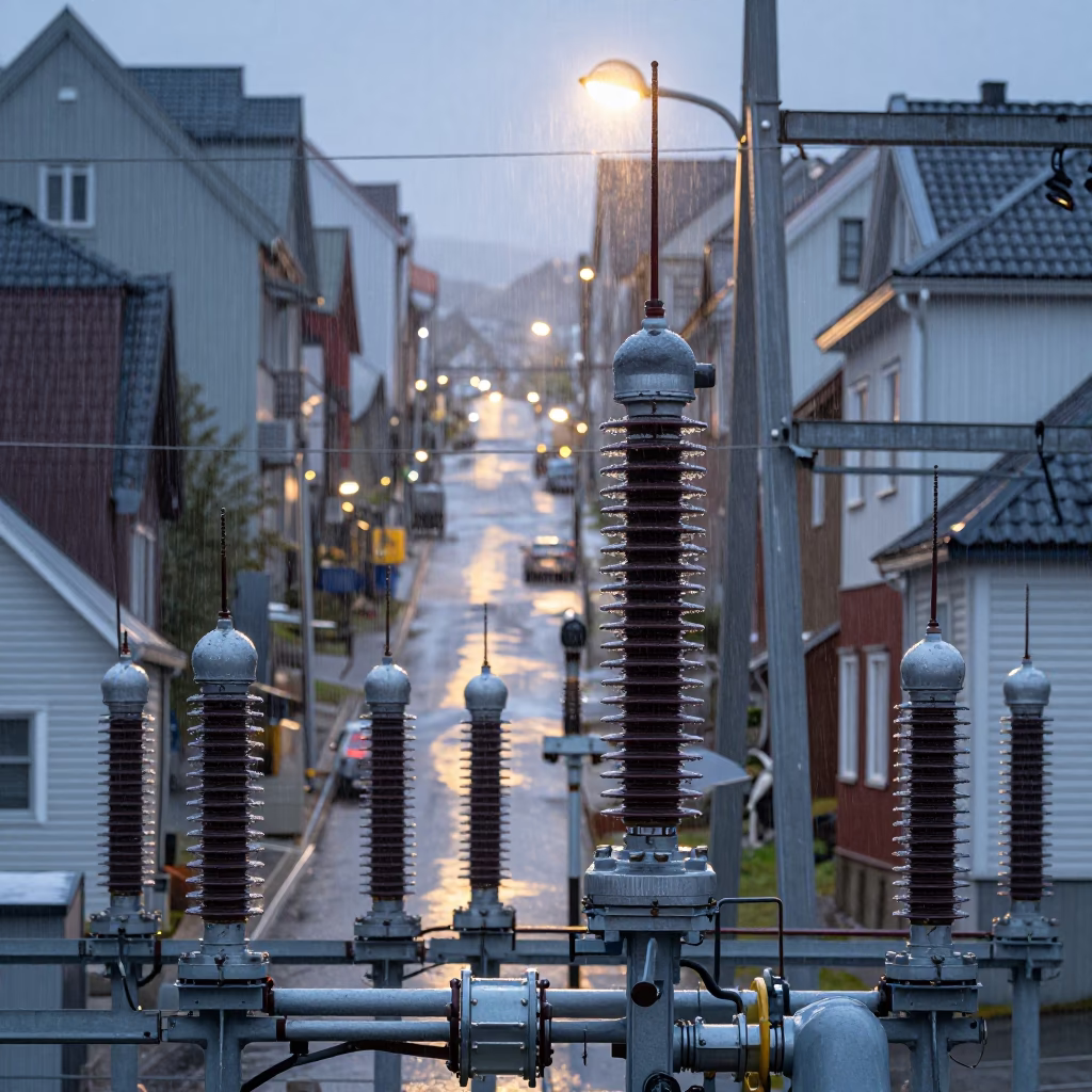 Bergen Norway First Light Rain Substation Insulators Sparkling Under Floodlights in in Bergen, Norway