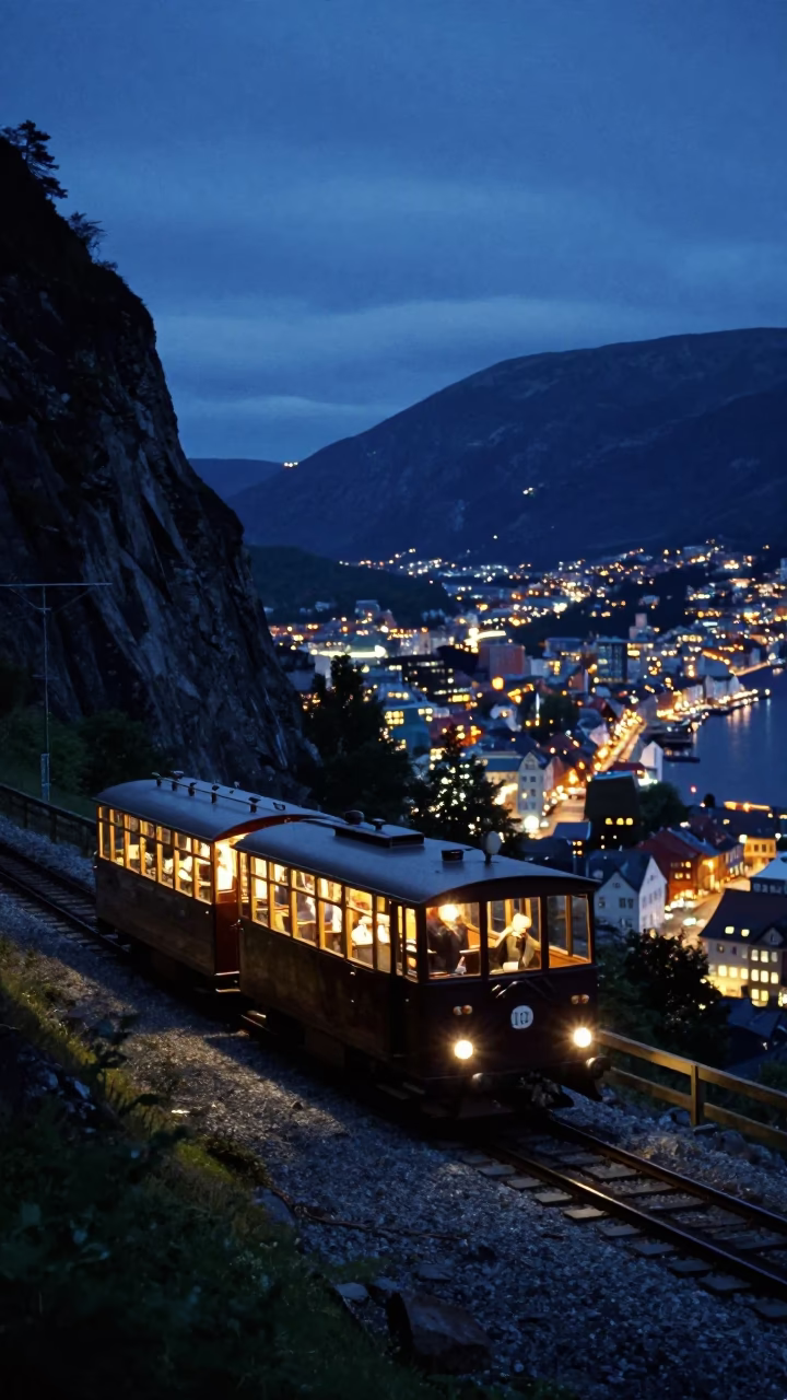 Bergen Norway Fjord Railway Narrow Gauge Train at Dusk with City Lights in in Bergen, Norway