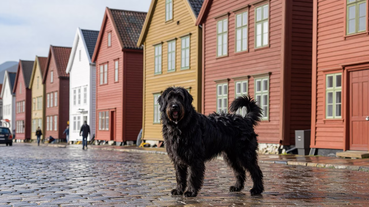 Bergen Norway Flat Noon Light Street Scene With Bouvier Des Flandres in in Bergen, Norway