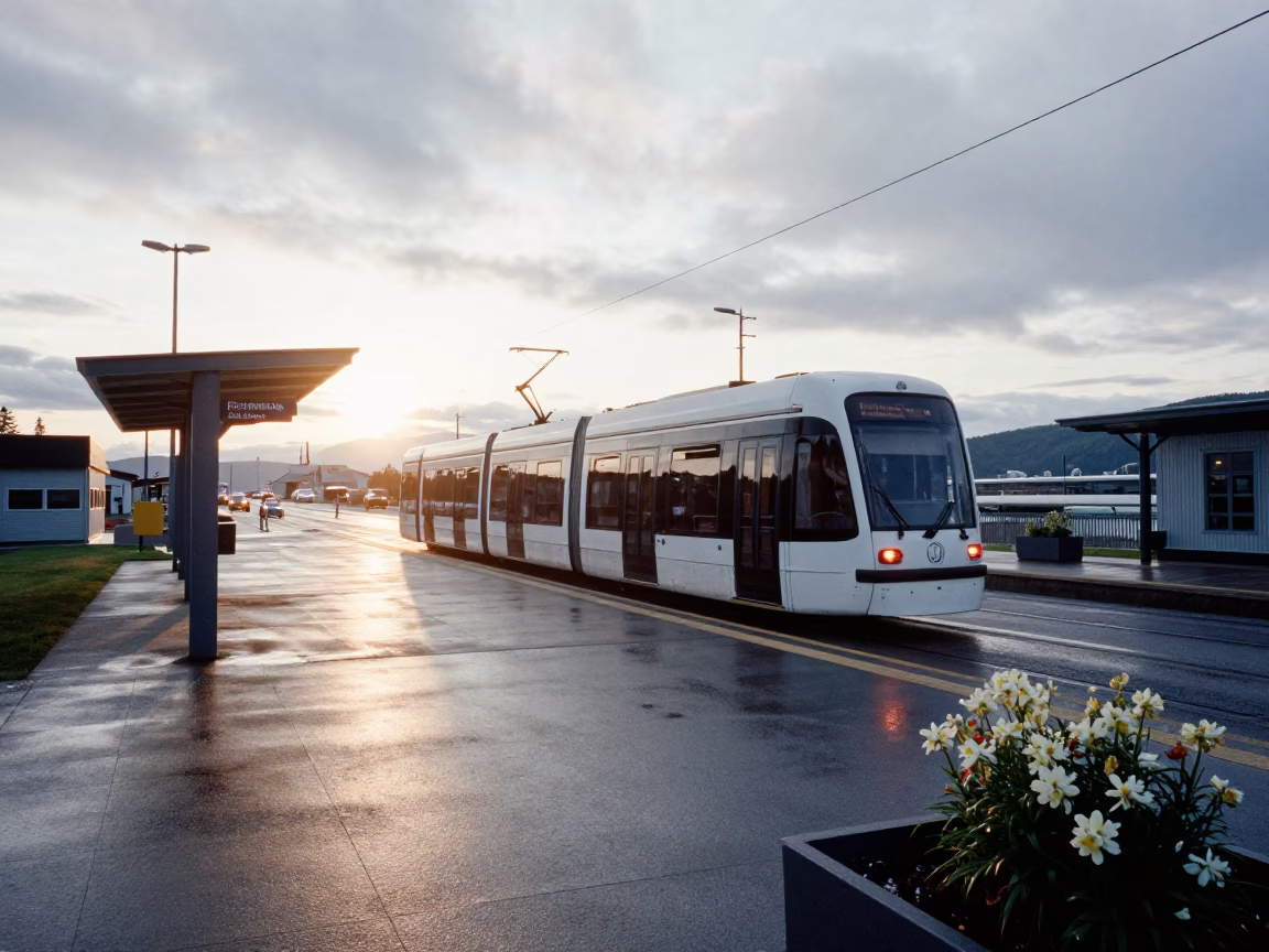 Bergen Norway Flesland Airport Tram Stop Evening Commute and Flower Market in in Bergen, Norway