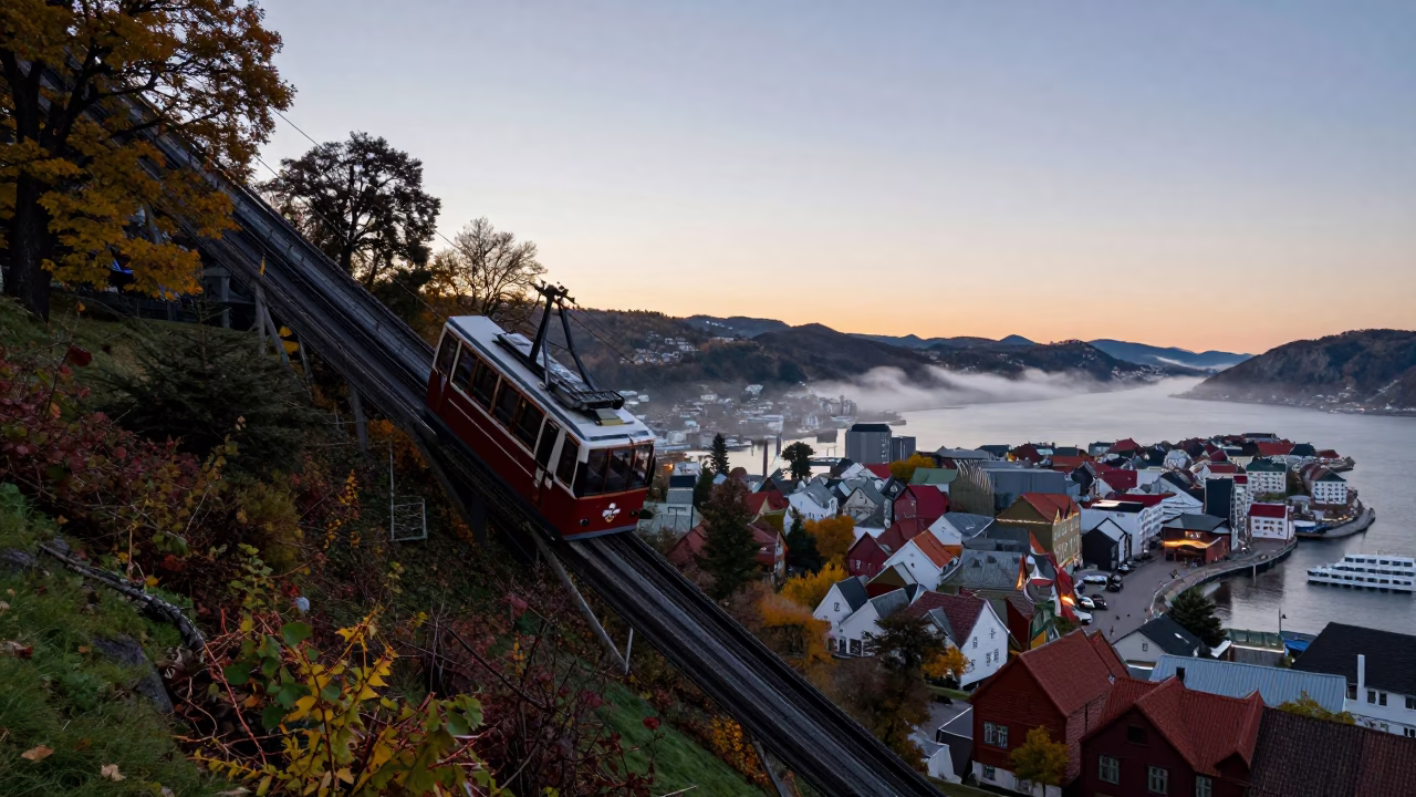 Bergen Norway Funicular Ascending Bryggen Hill at Dawn with Autumn Vines in in Bergen, Norway