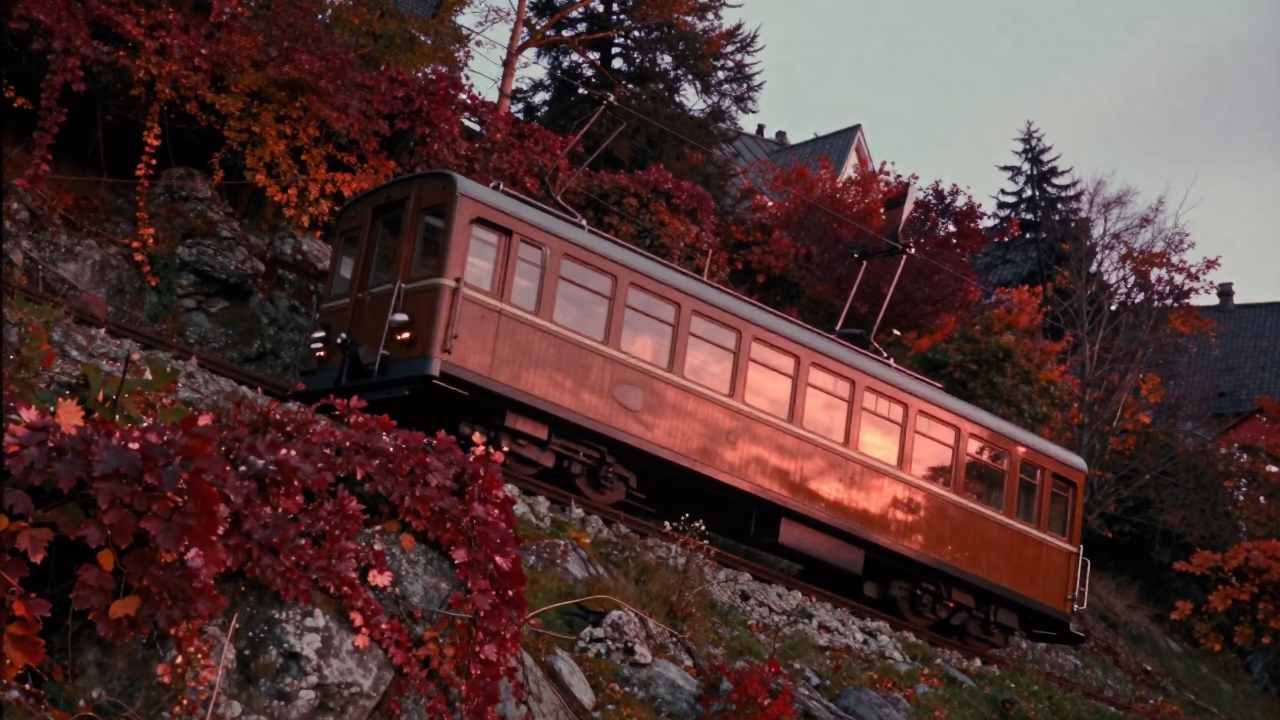 Bergen Norway Funicular Ascent in Copper Dusk Light with Autumn Vines in in Bergen, Norway