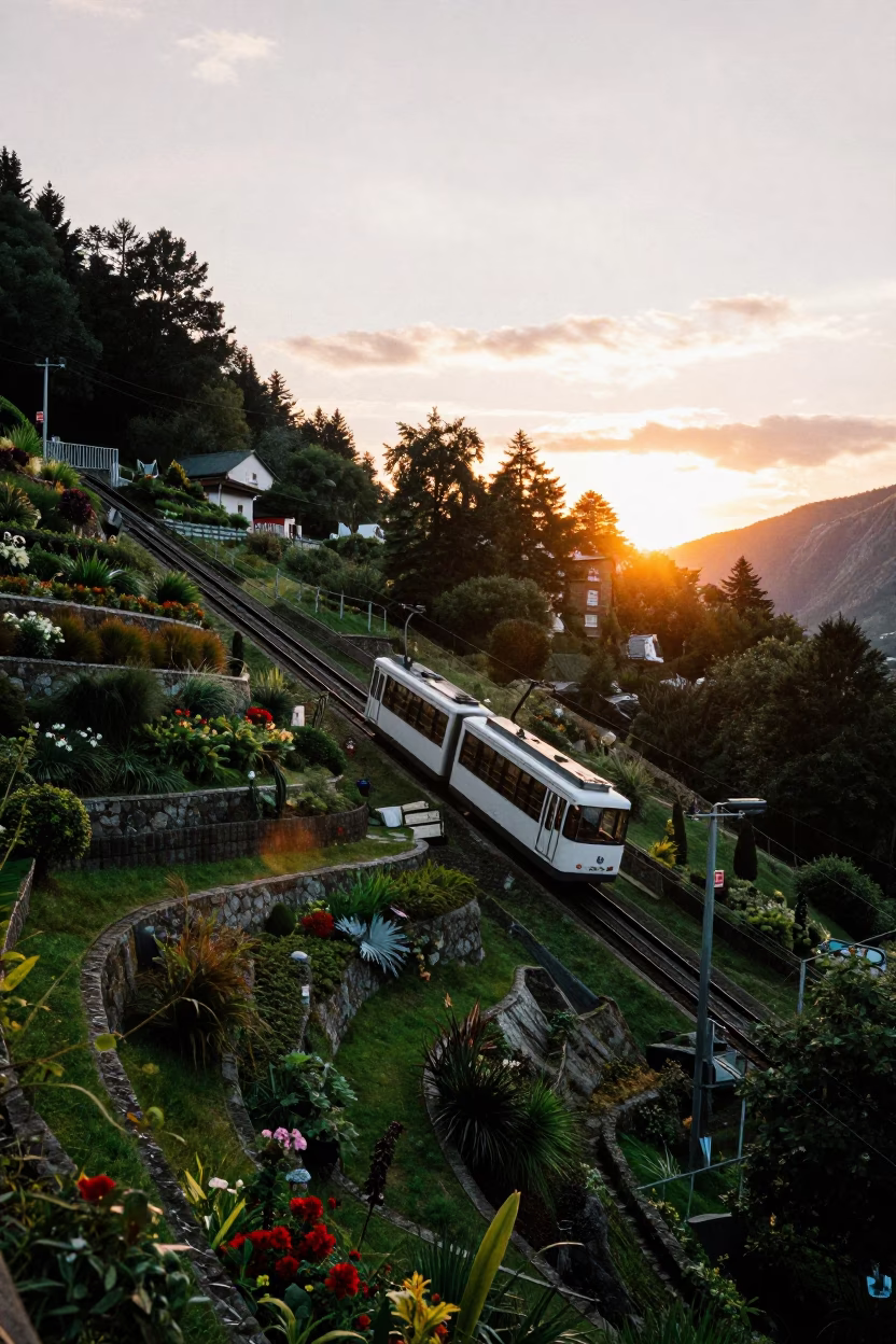 Bergen Norway Funicular Railway Rising Through Terraced Gardens at Sunset with Urban Backdrop in in Bergen, Norway