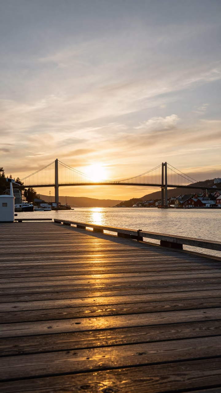 Bergen Norway Golden Harbor Sunset with Suspension Bridge and Hydrophone Winch in in Bergen, Norway