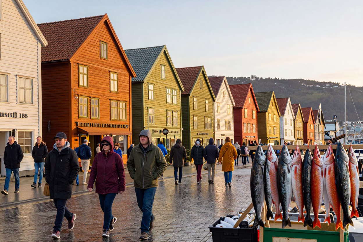 Bergen Norway Golden Hour Colorful Busy Street Scene with Local Details in in Bergen, Norway