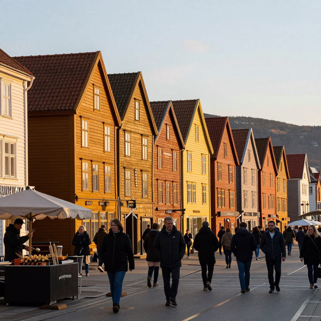 Bergen Norway Golden Hour Street Scene with Sate Skewers and Traditional Wooden Houses in in Bergen, Norway