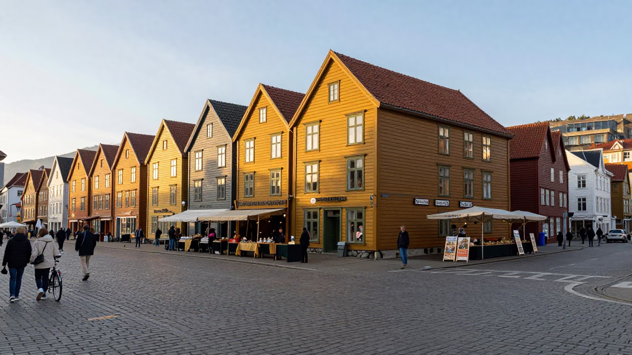 Bergen Norway Golden Hour Street Scene with Vintage Bicycle and Local Market Activity in in Bergen, Norway
