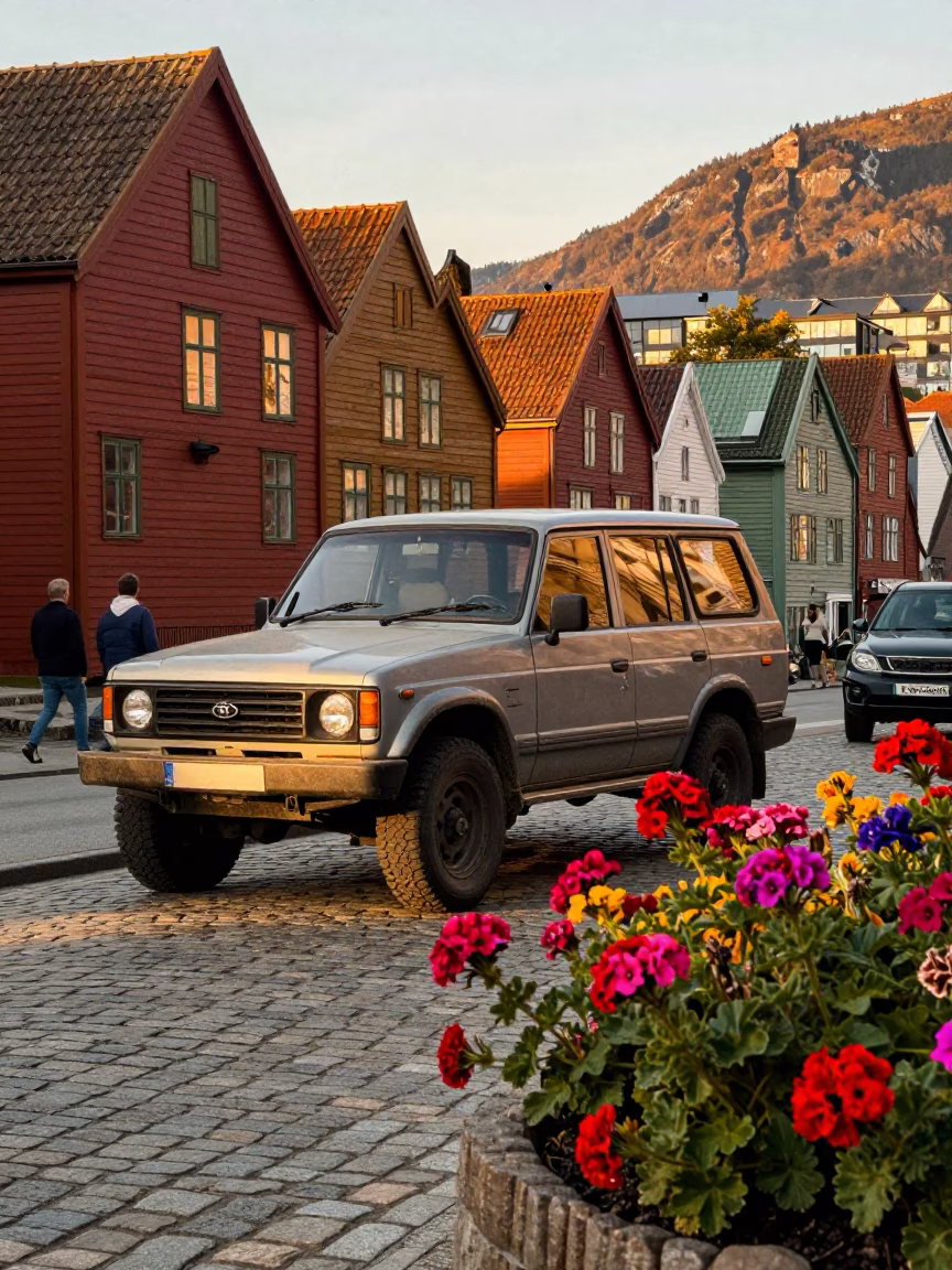Bergen Norway Golden Hour Street Scene with Vintage SUV and Colorful Geraniums in in Bergen, Norway
