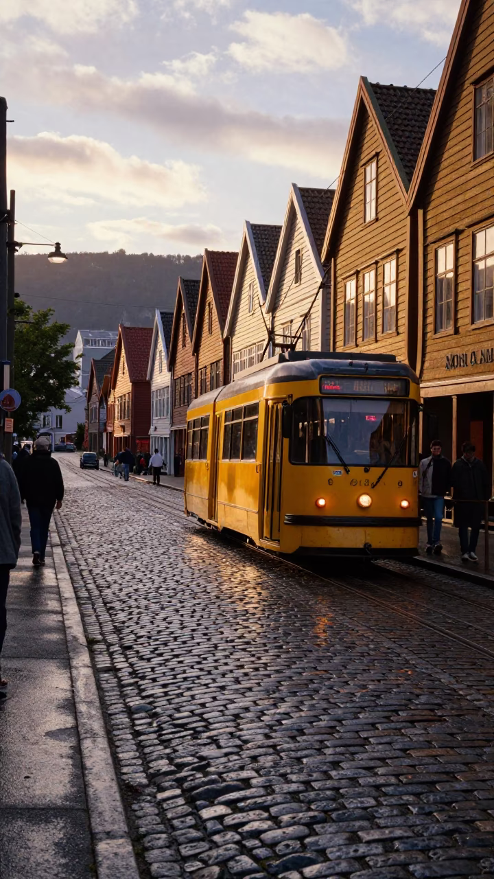 Bergen Norway Golden Hour Tram Steep Hill Cobblestone Street Realistic Photograph in in Bergen, Norway