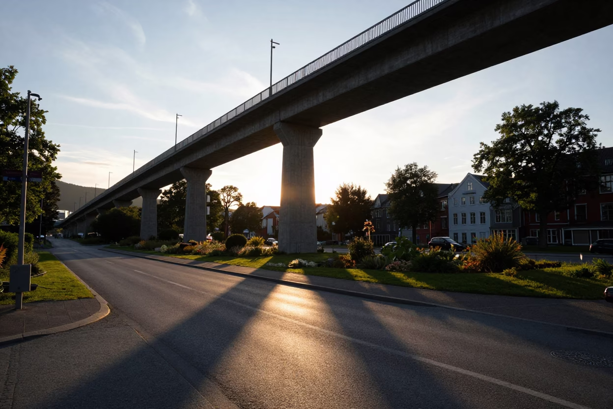Bergen Norway Golden Hour Viaduct Shadow Allotment Gardens Realistic Photograph in in Bergen, Norway