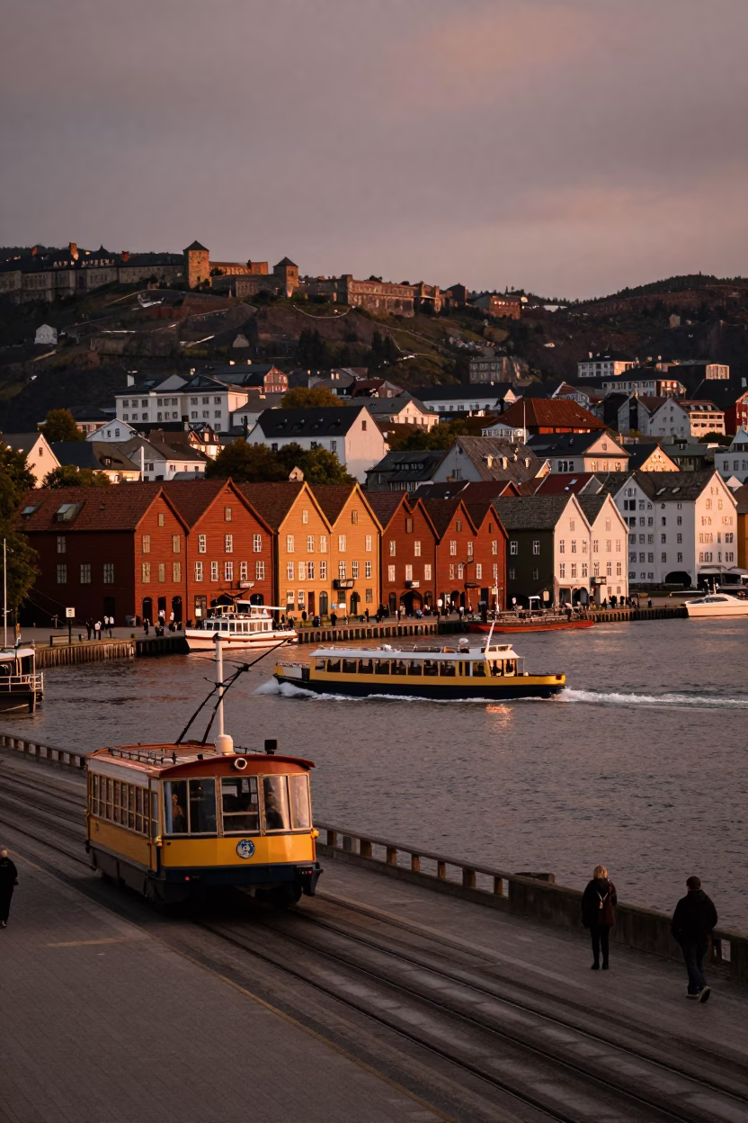 Bergen Norway Harbor at Dusk with Funicular and Water Taxi in in Bergen, Norway